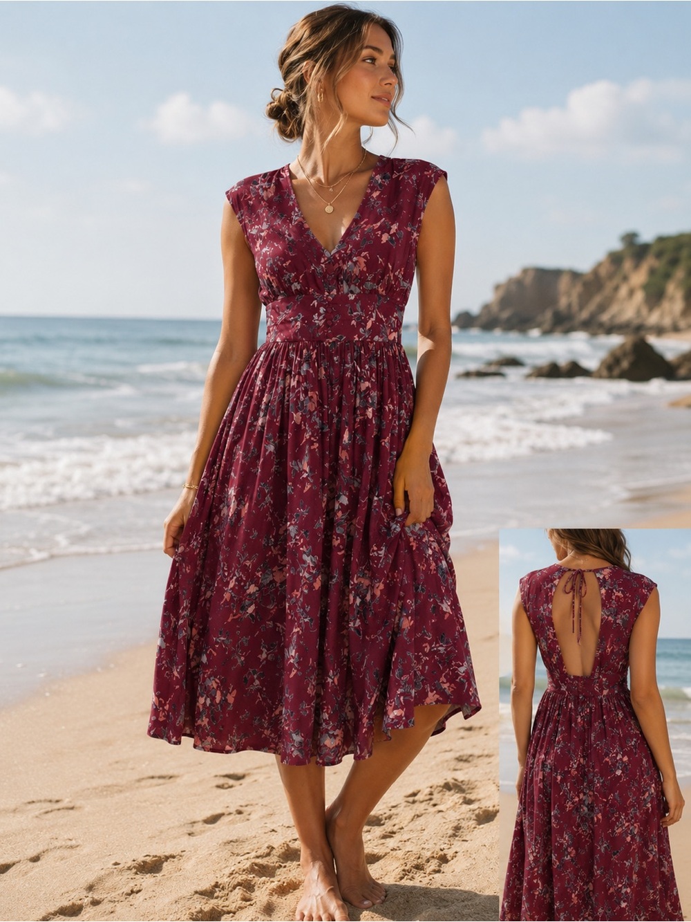 NWT | Roxy | Burgundy Floral Open Back Midi Dress - Size XS